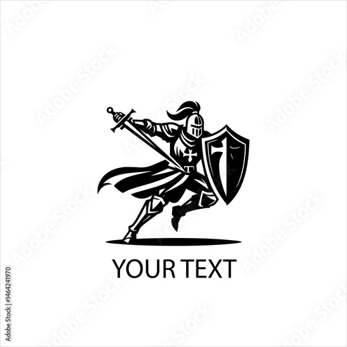Full Body Templar Knight Fighting Pose Vector Logo Silhouette Isolated on White Background