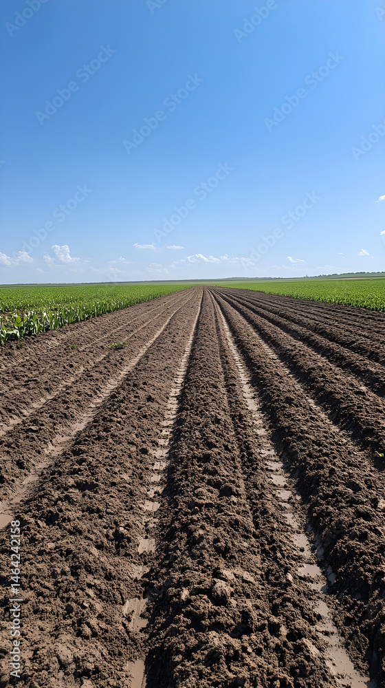 Vast Expanse of Freshly Tilled Land Under a Clear Sky Awaits New Crops