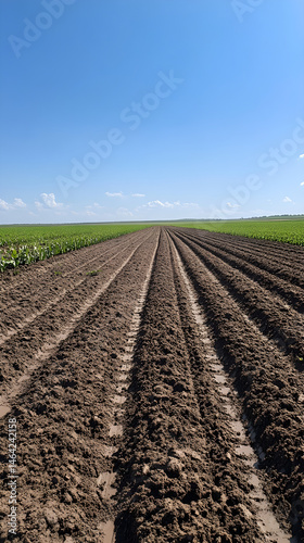 Obraz na płótnie Vast Expanse of Freshly Tilled Land Under a Clear Sky Awaits New Crops w salonie
