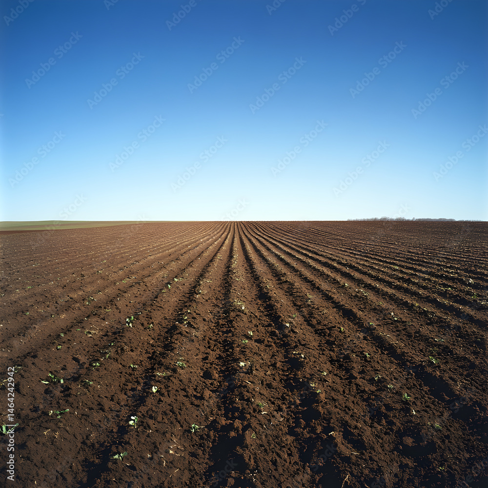 Vast Expanse of Freshly Tilled Land Under a Clear Sky Awaits New Crops