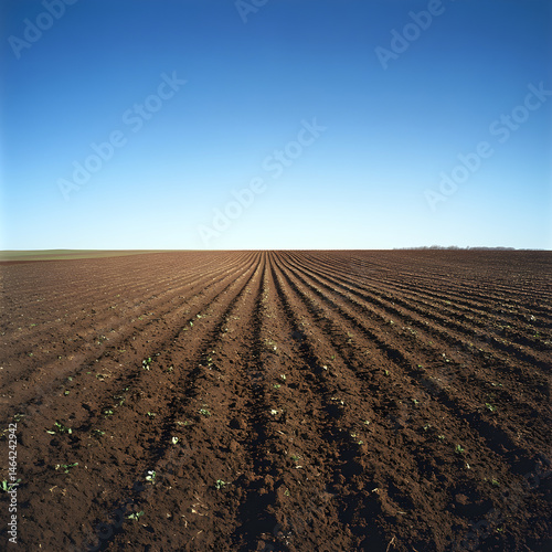 Obraz na płótnie Vast Expanse of Freshly Tilled Land Under a Clear Sky Awaits New Crops w salonie