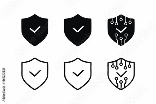 set of Circuit Board Shield with Check icon silhouette vector illustration