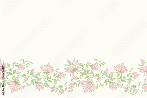 Vintage Floral patterns seamless background border embroidery ethnic batik retro. Lotus Flower motifs White green pink silhouette watercolour flowers ikat design hand drawn. Vector illustration.