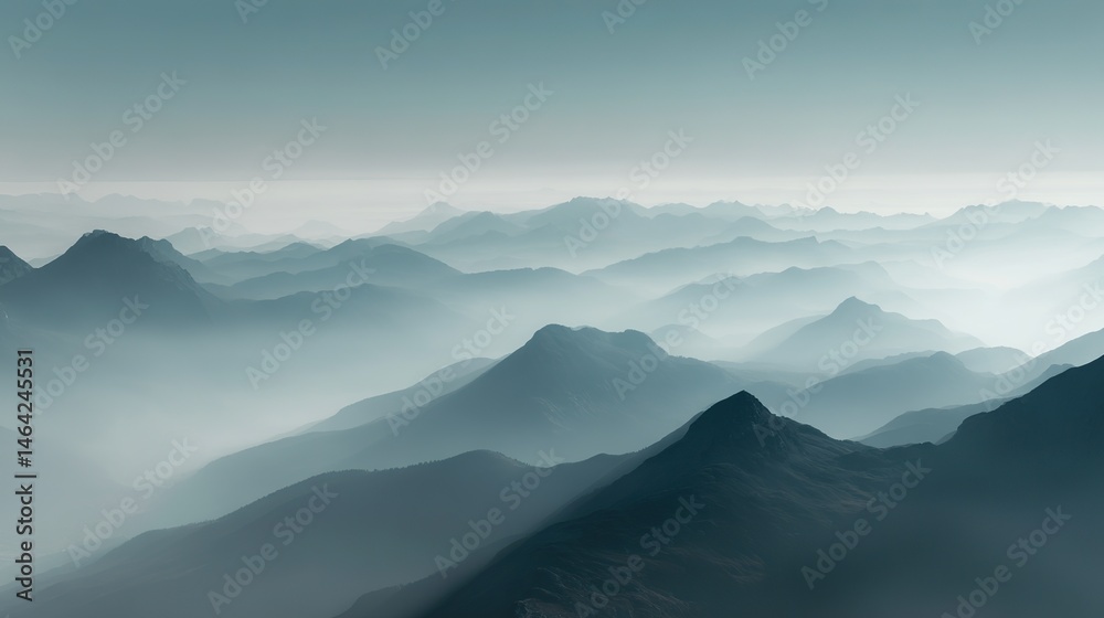 Fototapeta premium Aerial view of misty mountains with soft blue and white sky hues, peaks standing out against foggy background, creating an ethereal natural landscape atmosphere.