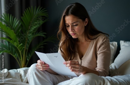 A sad young woman holds in her hands a document on refusal of work, dismissal. Denial of social security benefits, humanitarian aid. A project to combat unemployment. Dark frame.