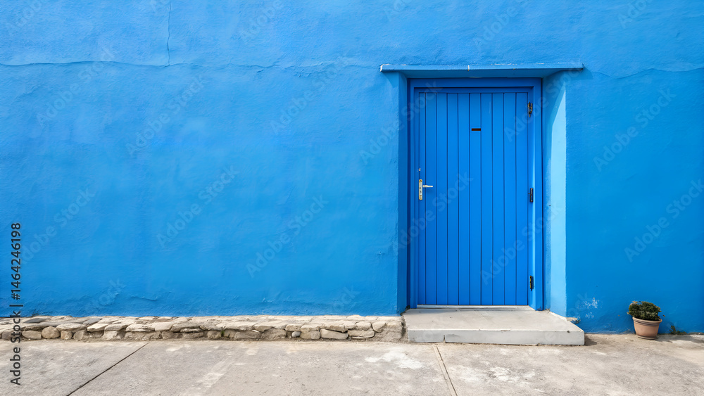Fototapeta premium Blue door against vibrant blue wall with concrete pathway 