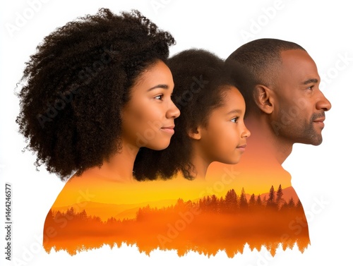 Captivating profile silhouette of three generations showcasing rich heritage with a vibrant sunset backdrop filled with soft forest details symbolizing family connections and cultural lineage