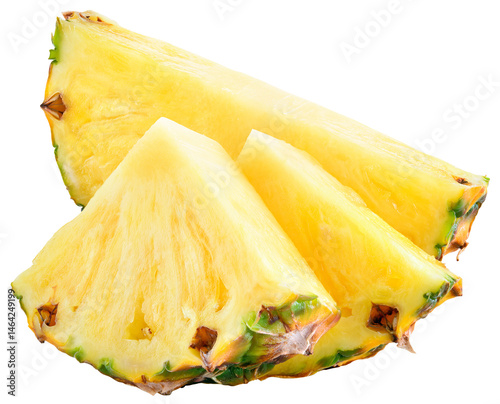 Pineapple isolated png. Pineapple slice on transparent background. Cut pineapple no background. Pineapple half of slice and pieces on transparent png. Full depth of field.