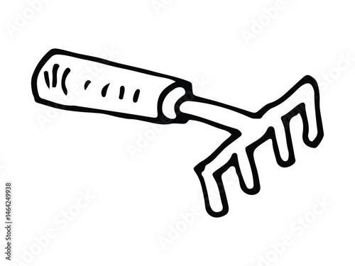 Hand-drawn illustration of a garden rake with a wooden handle and metal prongs