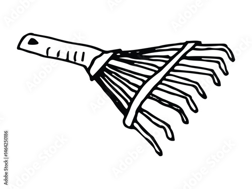 Simple line drawing of a garden rake tool with a detailed handle and tines