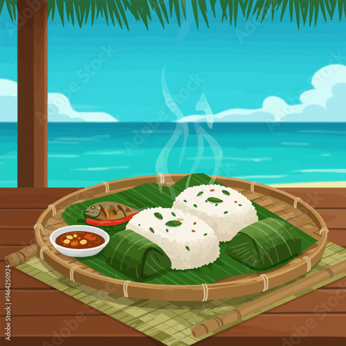 Serving Filipino Meal with Rice and Fish Near Tropical Ocean