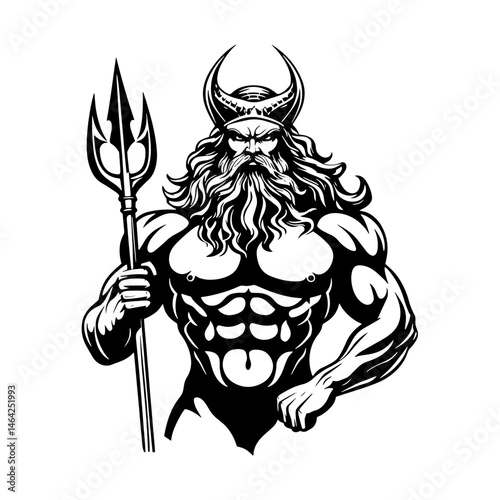 Mythic King of the Sea: A striking black and white illustration showcases a powerful and authoritative figure, holding a trident, personifying the mystique and grandeur of the ocean's ruler.