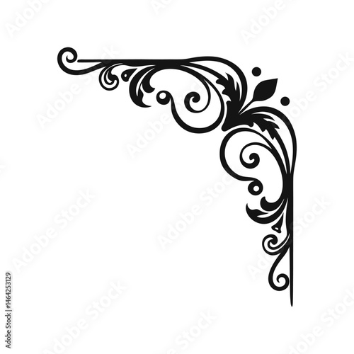 Vintage flourish corner silhouette vector illustration. ornate decoration, baroque design element, elegant frame detail
