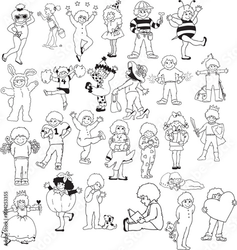set of funny cartoon characters, a set of children's drawings, including a boy and girl 