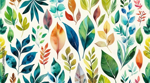 Watercolor botanical foliage textured imprint for fabric. Image for textile, garment, and clothing materials. Colourful and vibrant horizontal artistic graphic.