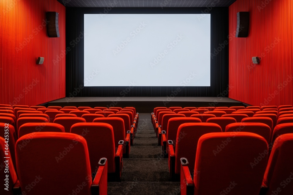 Fototapeta premium Empty modern cinema auditorium with red seats and blank screen awaiting audience