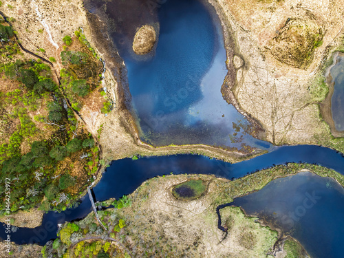 Obraz na płótnie Top Down over Callop River and Marshes from a drone, Loch Shiel, Glenfinnan, West Highland, Scotland w salonie