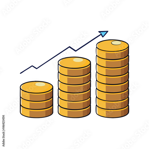 Three stacks of golden coins vector illustration. money growth concept, investment, finance, wealth, business, economy, savings, growth