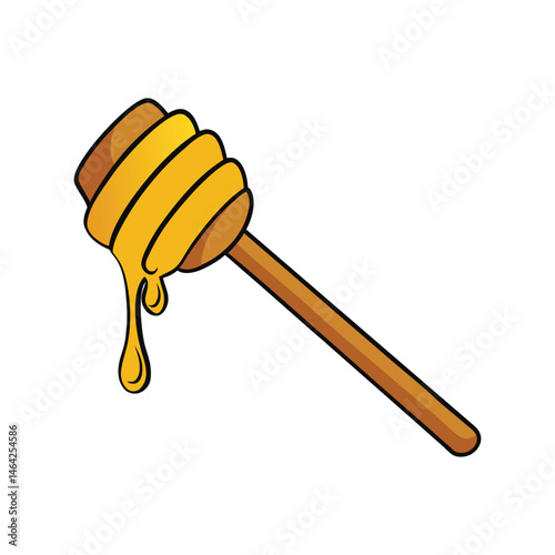 Honey dripping with dipper vector illustration. golden honey, sweet dessert, natural food, wooden dipper, syrup drop