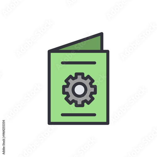 Open technical manual with gear, illustration for engineering information
