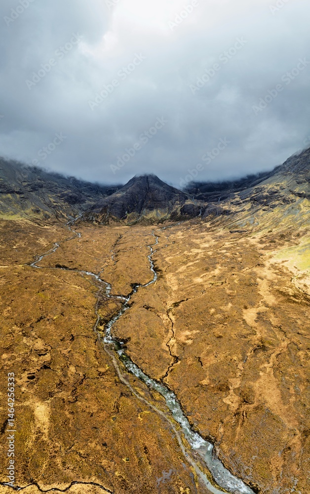Fairy Pools and Waterfalls from a drone, Glen Brittle, Black Cuillin, Isle of Skye, Scotland, England