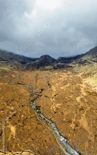 Obraz na płótnie Fairy Pools and Waterfalls from a drone, Glen Brittle, Black Cuillin, Isle of Skye, Scotland, England w salonie