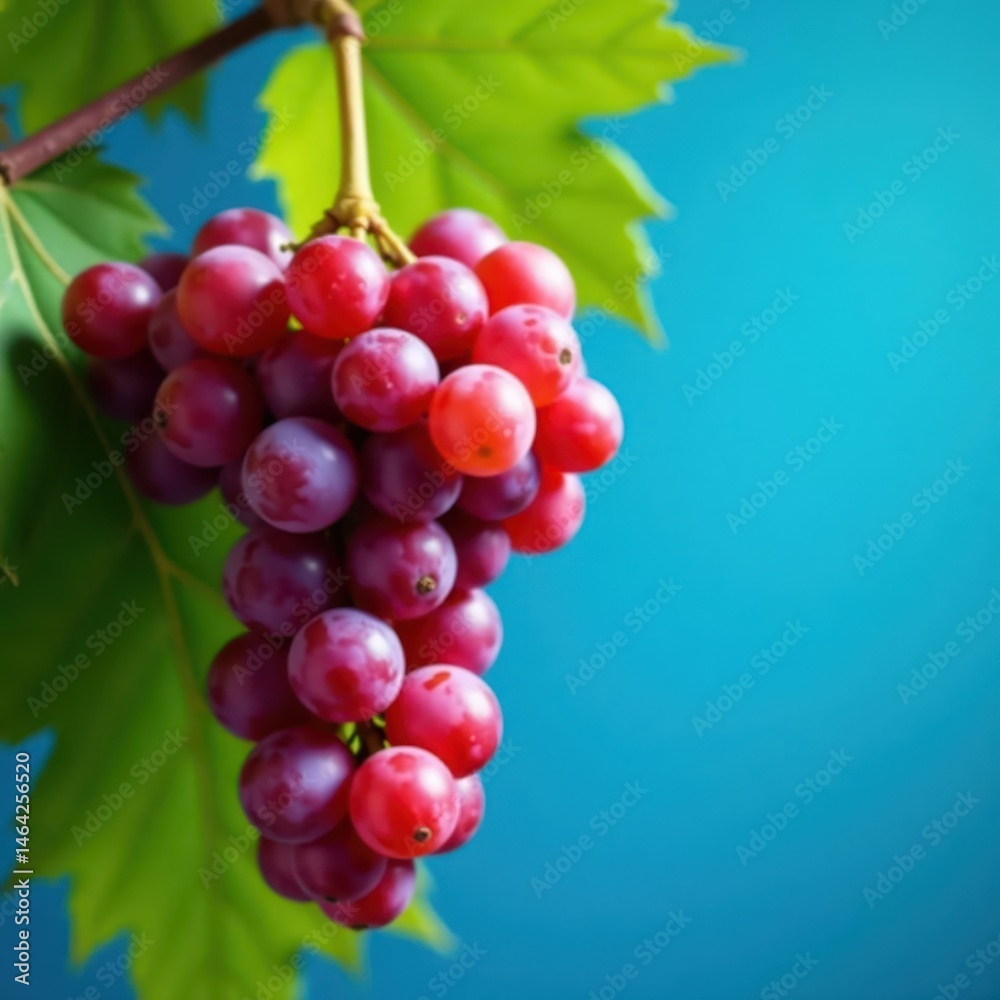 Fototapeta premium Crimson grapes hanging from leafy vine, vivid blue backdrop, sun, harvest