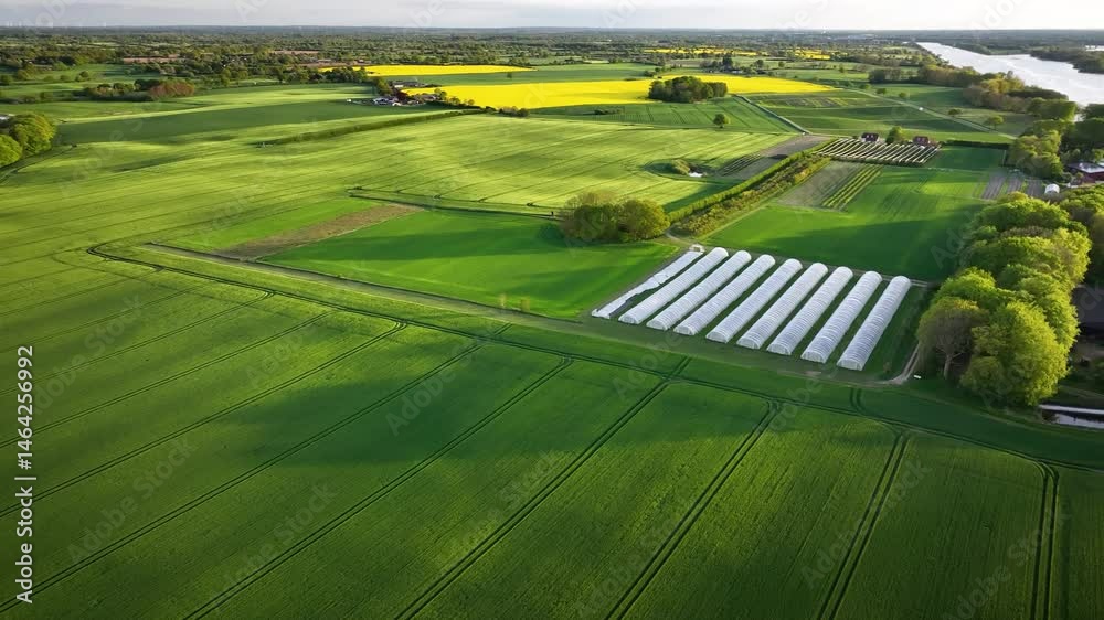 Aerial footage of diversified agriculture featuring green crop fields with tractor lines, white polytunnels for protected cultivation, yellow rapeseed fields in the distance and patchwork of woodland.