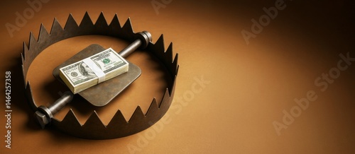 Stack of money placed inside a bear trap on a brown background symbolizing financial risk, debt trap, or business fraud concept with copyspace.