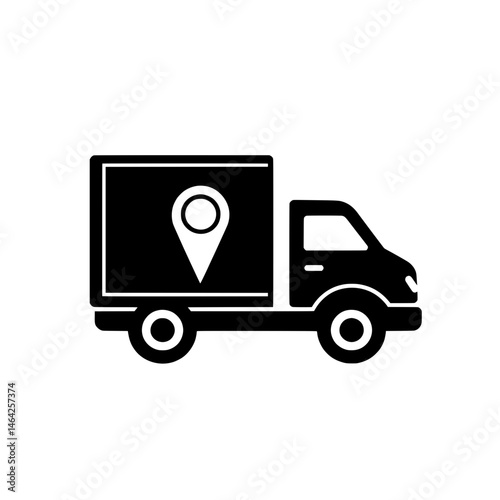 Delivery truck with location pin icon representing shipping, logistics, and location-based transportation services