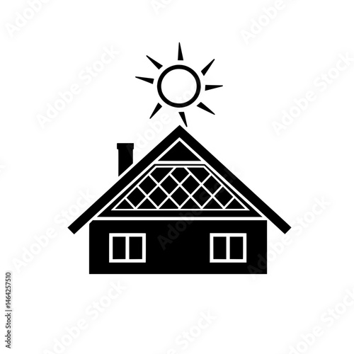 Minimalist house icon with sun above the roof symbolizing warmth, solar power, and suburban living