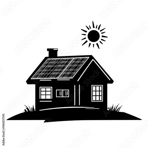 House with solar panels and sun icon in silhouette representing sustainable energy and eco-friendly living