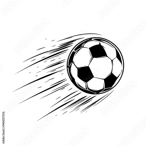 Black and white soccer ball icon with motion lines representing fast movement and dynamic sports action