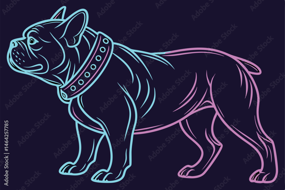 Obraz premium 33 Neon bulldog, vibrant glowing lines, 3D render, colorful outline, dark background, retro-futuristic aesthetic, synthwave style, holographic effect, digital art, iridescent colors, cyberpunk dog, el