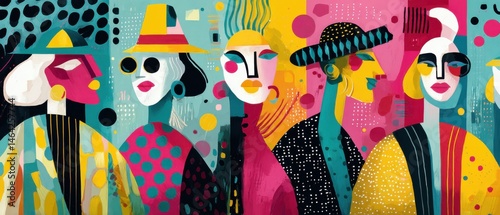 Colorful abstract painting of diverse women wearing hats and sunglasses in a vibrant, modern art style Concept of fashion, diversity, and artistic expression