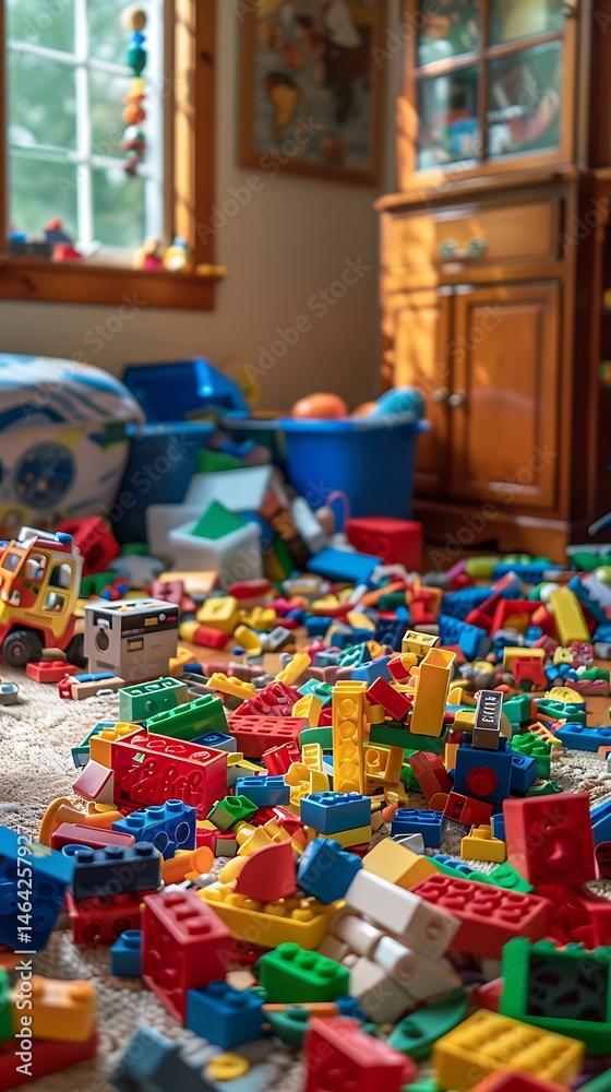 Naklejka premium Colorful Plastic Building Blocks Scattered On Carpet In A Childs Playroom Photo
