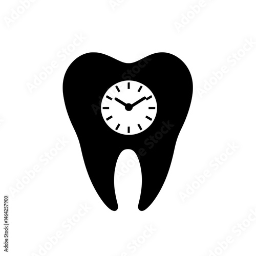 Black tooth icon with clock symbolizing time-based dental routines and oral health care