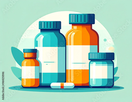 Medicine and healthcare concept illustration with bottles of medicine