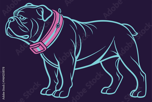 33 Neon bulldog, vibrant glowing lines, 3D render, colorful outline, dark background, retro-futuristic aesthetic, synthwave style, holographic effect, digital art, iridescent colors, cyberpunk dog, el