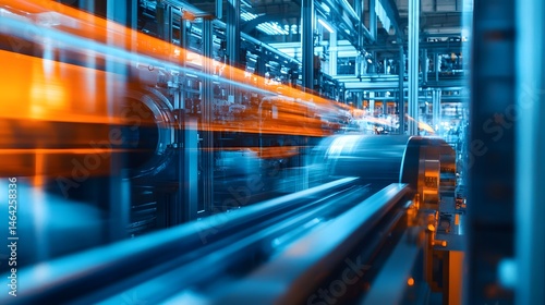 A blurry image of a factory with orange and blue colors. Concept of motion and energy, as if the factory is in the process of manufacturing something