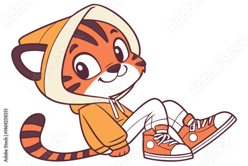 34 Cute cartoon tiger cub, anthropomorphic, wearing hoodie and sneakers, orange and black stripes, big expressive eyes, smiling, playful pose, cheerful character design, children's book illustration s