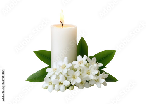 White lit candle with white flowers and green leaves isolated on transparent background, memorial, remembrance, spirituality.