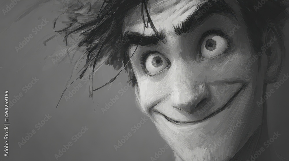Obraz premium Close-up grayscale portrait of a stylized male figure.