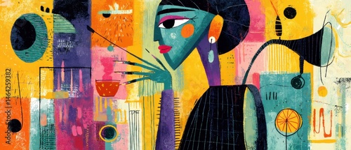 Colorful abstract painting of an elegant woman with long nails holding a cup, surrounded by musical instruments and notes in a vibrant, jazzy composition
