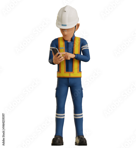 Isolate industrial worker is using the mobile phone on transparent background