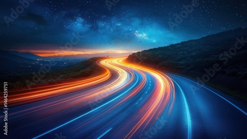 Dynamic Night Road with Speeding Light Trails and Starry Sky road night sky dynamic highway speed ai