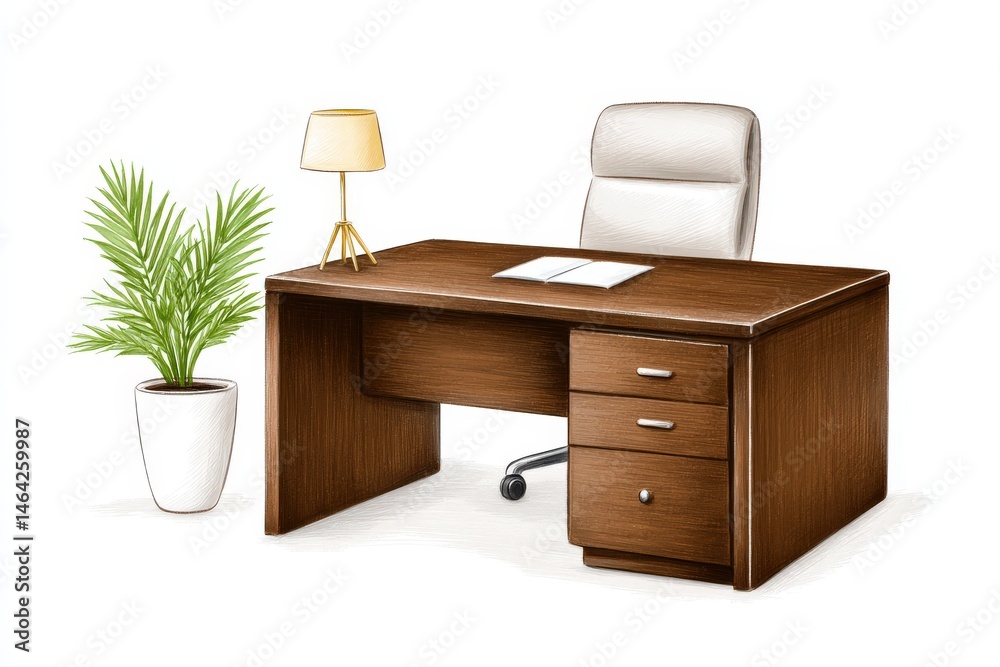 Fototapeta premium Modern office workspace featuring a sleek wooden desk with a stylish lamp and greenery highlighting productivity and comfort in a contemporary environment captured with clarity