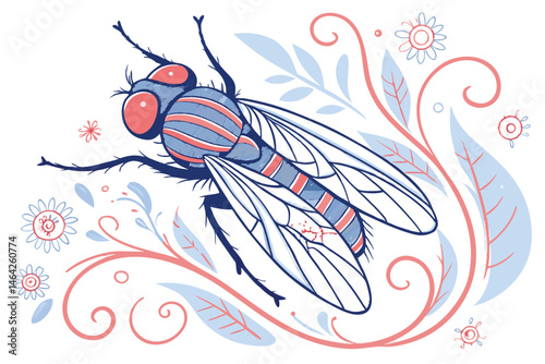 35 Detailed illustration of a fly, watercolor technique, vibrant colors, blue and red hues, delicate swirling patterns, ornate floral designs, intricate linework, whimsical style, mixed media appearan