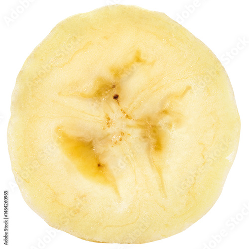 Banana slice isolated png. Sliced banana on white or transparent background. Cut banana no background. Round slice top view. Transparent png.
