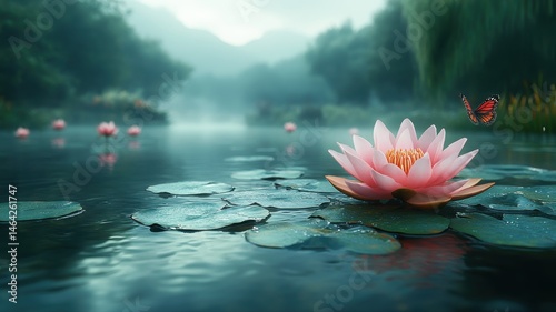 Tranquil Lotus Flower on Misty Pond with Butterfly pond butterfly lotus flower water lily pink bloom